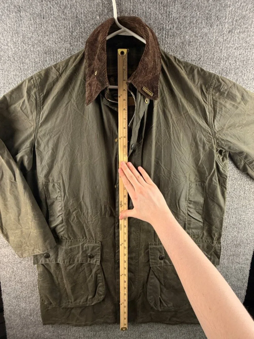 VTG Barbour A200 Border Size 40 Green Waxed Jacket Long Zip Snap Collared 80s